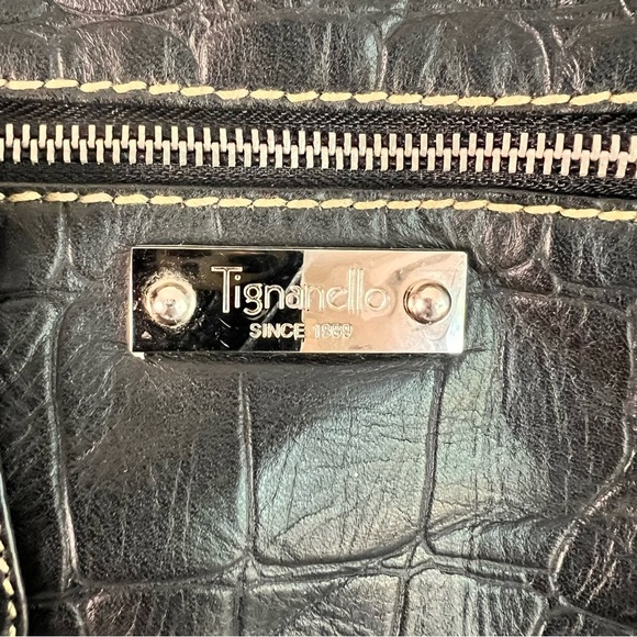 Tignanello Black Leather Tote Bag Croc Embossed Shoulder Handbag Carry All EUC! - Picture 4 of 15
